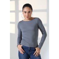 Uzun Kollu Kayık Yaka Vücudu Saran Basic Kadın Body T-Shirt 21897 BOYALI GRİ