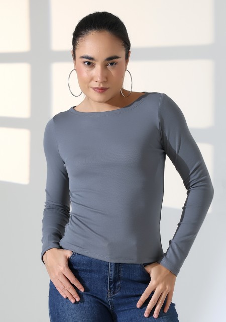 Uzun Kollu Kayık Yaka Vücudu Saran Basic Kadın Body T-Shirt 21897 BOYALI GRİ