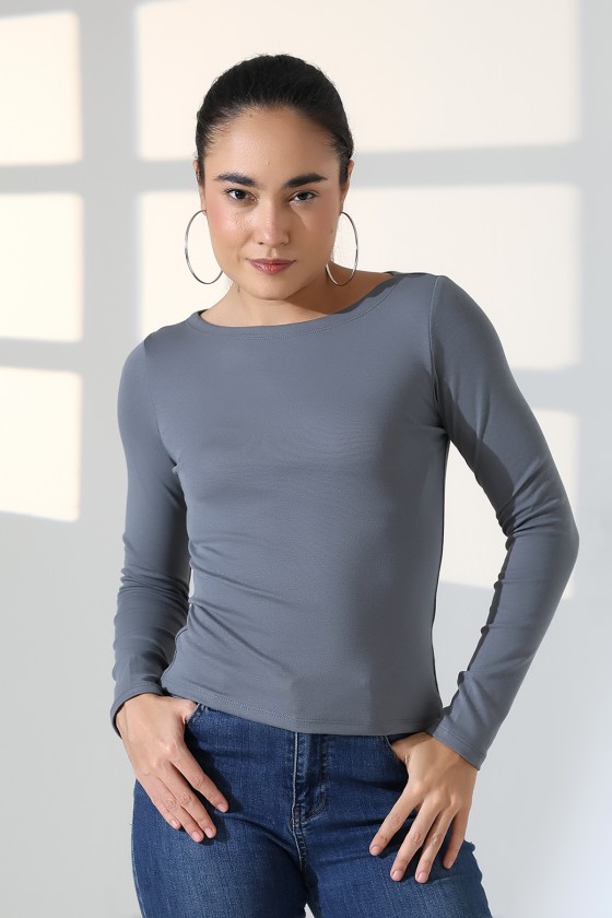 Uzun Kollu Kayık Yaka Vücudu Saran Basic Kadın Body T-Shirt 21897 BOYALI GRİ