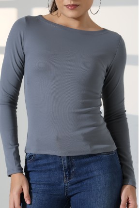 Uzun Kollu Kayık Yaka Vücudu Saran Basic Kadın Body T-Shirt 21897 BOYALI GRİ