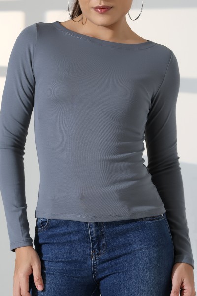 Uzun Kollu Kayık Yaka Vücudu Saran Basic Kadın Body T-Shirt 21897 BOYALI GRİ Uzun Kollu Kayık Yaka Vücudu Saran Basic Kadın Body T-Shirt 21897 BOYALI GRİ