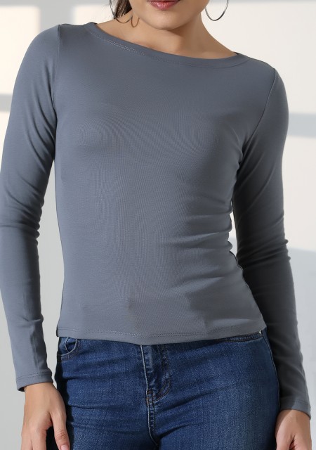 Uzun Kollu Kayık Yaka Vücudu Saran Basic Kadın Body T-Shirt 21897 BOYALI GRİ
