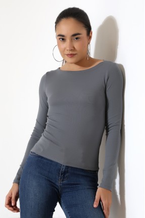 Uzun Kollu Kayık Yaka Vücudu Saran Basic Kadın Body T-Shirt 21897 BOYALI GRİ
