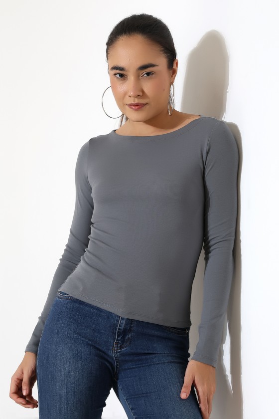 Uzun Kollu Kayık Yaka Vücudu Saran Basic Kadın Body T-Shirt 21897 BOYALI GRİ