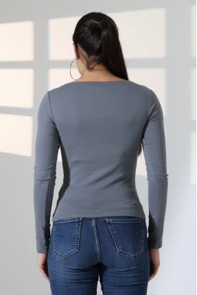 Uzun Kollu Kayık Yaka Vücudu Saran Basic Kadın Body T-Shirt 21897 BOYALI GRİ