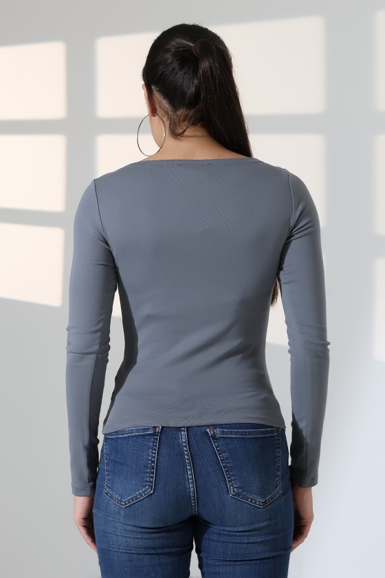 Uzun Kollu Kayık Yaka Vücudu Saran Basic Kadın Body T-Shirt 21897 BOYALI GRİ