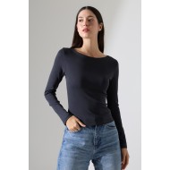 Uzun Kollu Kayık Yaka Vücudu Saran Basic Kadın Body T-Shirt 21897 FÜME