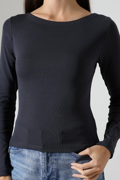 Uzun Kollu Kayık Yaka Vücudu Saran Basic Kadın Body T-Shirt 21897 FÜME