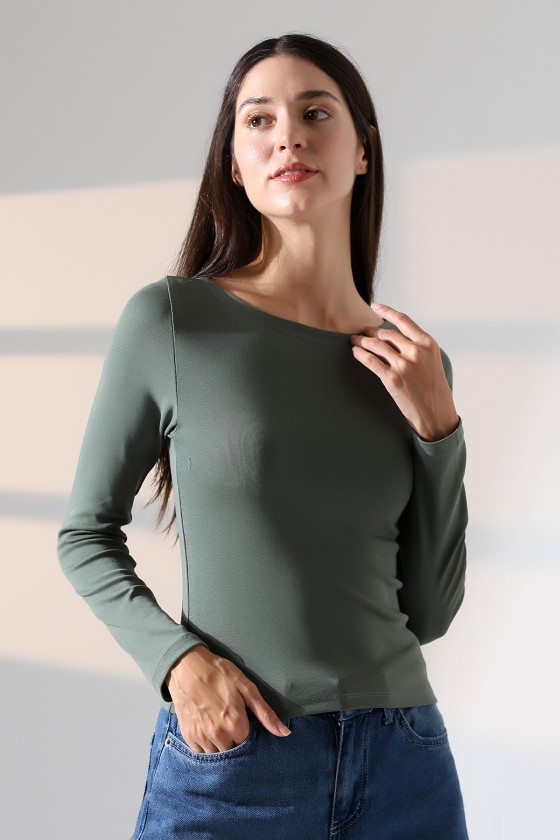 Uzun Kollu Kayık Yaka Vücudu Saran Basic Kadın Body T-Shirt 21897 HAKİ