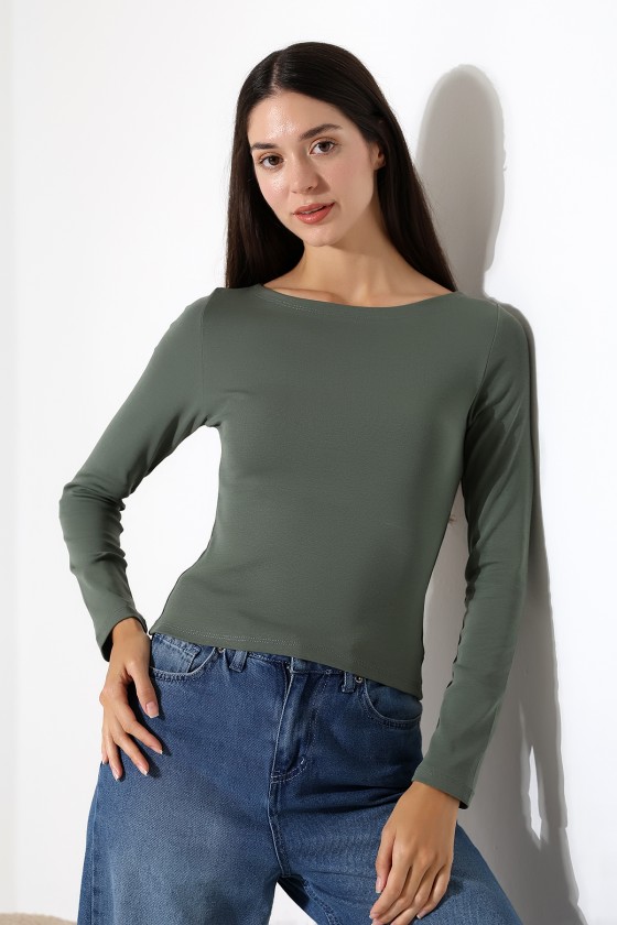 Uzun Kollu Kayık Yaka Vücudu Saran Basic Kadın Body T-Shirt 21897 HAKİ