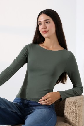 Uzun Kollu Kayık Yaka Vücudu Saran Basic Kadın Body T-Shirt 21897 HAKİ