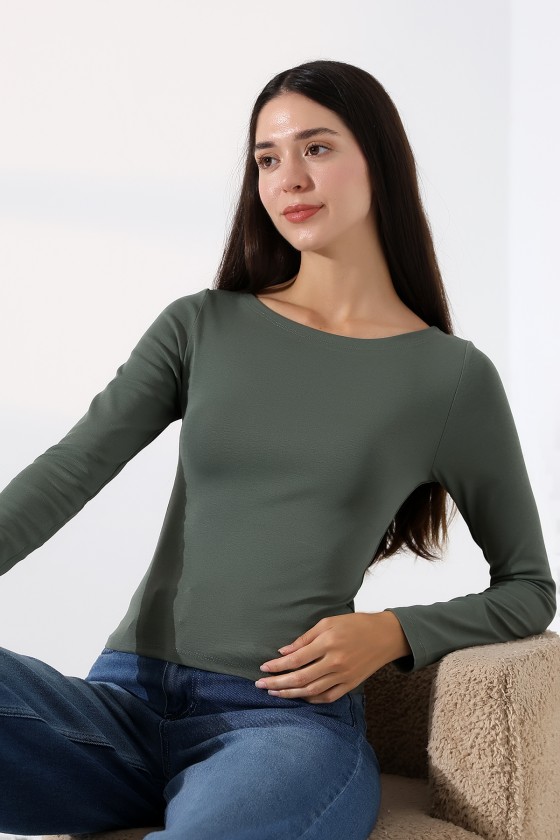 Uzun Kollu Kayık Yaka Vücudu Saran Basic Kadın Body T-Shirt 21897 HAKİ