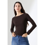 Uzun Kollu Kayık Yaka Vücudu Saran Basic Kadın Body T-Shirt 21897 KAHVE