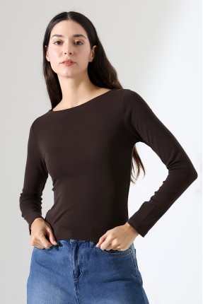 Uzun Kollu Kayık Yaka Vücudu Saran Basic Kadın Body T-Shirt 21897 KAHVE