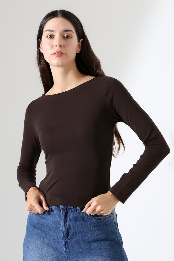Uzun Kollu Kayık Yaka Vücudu Saran Basic Kadın Body T-Shirt 21897 KAHVE
