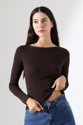 Uzun Kollu Kayık Yaka Vücudu Saran Basic Kadın Body T-Shirt 21897 KAHVE