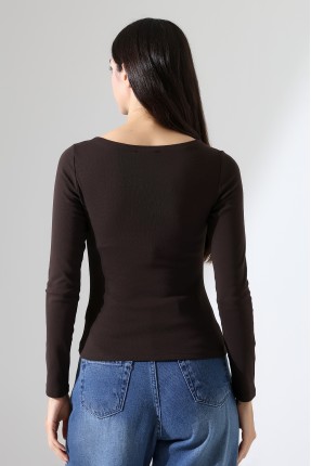 Uzun Kollu Kayık Yaka Vücudu Saran Basic Kadın Body T-Shirt 21897 KAHVE