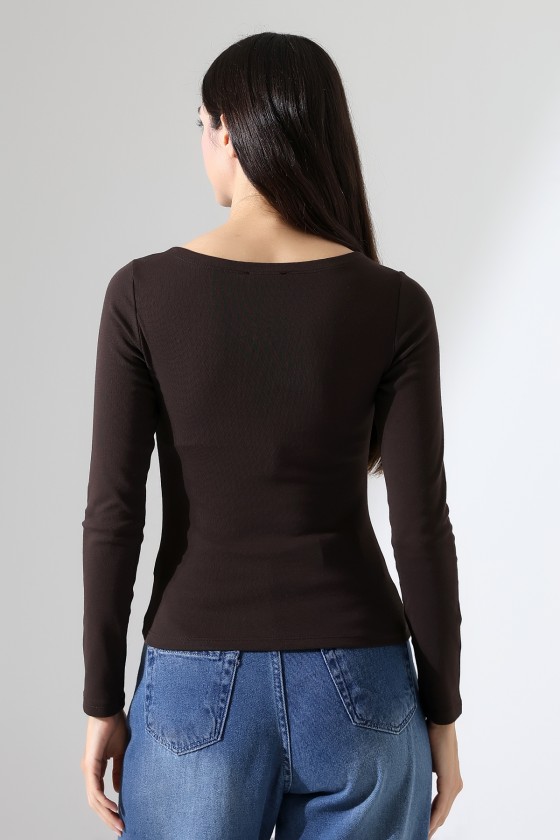 Uzun Kollu Kayık Yaka Vücudu Saran Basic Kadın Body T-Shirt 21897 KAHVE