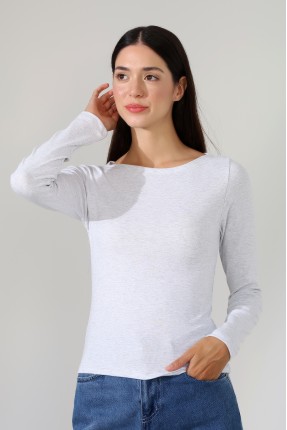 Uzun Kollu Kayık Yaka Vücudu Saran Basic Kadın Body T-Shirt 21897 KARMELANJ