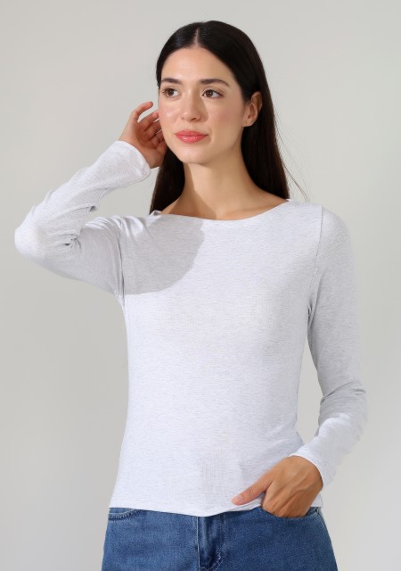 Uzun Kollu Kayık Yaka Vücudu Saran Basic Kadın Body T-Shirt 21897 KARMELANJ