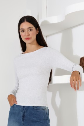 Uzun Kollu Kayık Yaka Vücudu Saran Basic Kadın Body T-Shirt 21897 KARMELANJ