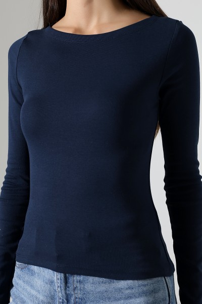 Uzun Kollu Kayık Yaka Vücudu Saran Basic Kadın Body T-Shirt 21897 LACİVERT