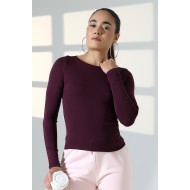 Uzun Kollu Kayık Yaka Vücudu Saran Basic Kadın Body T-Shirt 21897 MÜRDÜM