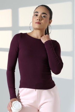 Uzun Kollu Kayık Yaka Vücudu Saran Basic Kadın Body T-Shirt 21897 MÜRDÜM