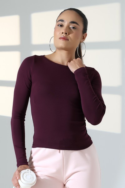 Uzun Kollu Kayık Yaka Vücudu Saran Basic Kadın Body T-Shirt 21897 MÜRDÜM