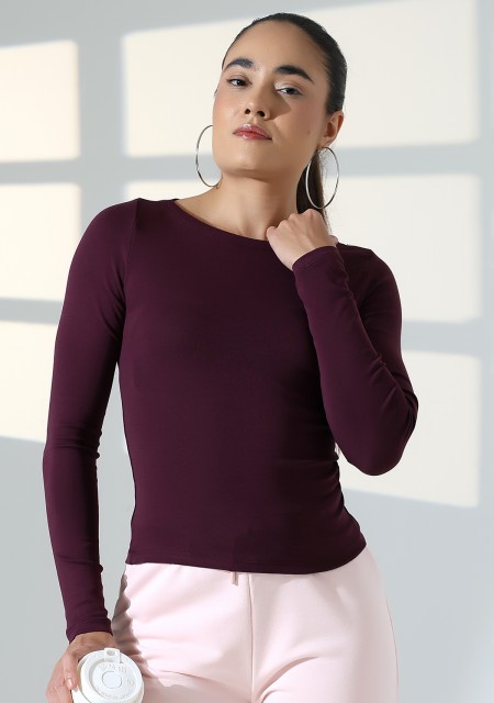 Uzun Kollu Kayık Yaka Vücudu Saran Basic Kadın Body T-Shirt 21897 MÜRDÜM