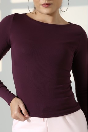 Uzun Kollu Kayık Yaka Vücudu Saran Basic Kadın Body T-Shirt 21897 MÜRDÜM