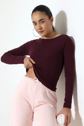 Uzun Kollu Kayık Yaka Vücudu Saran Basic Kadın Body T-Shirt 21897 MÜRDÜM