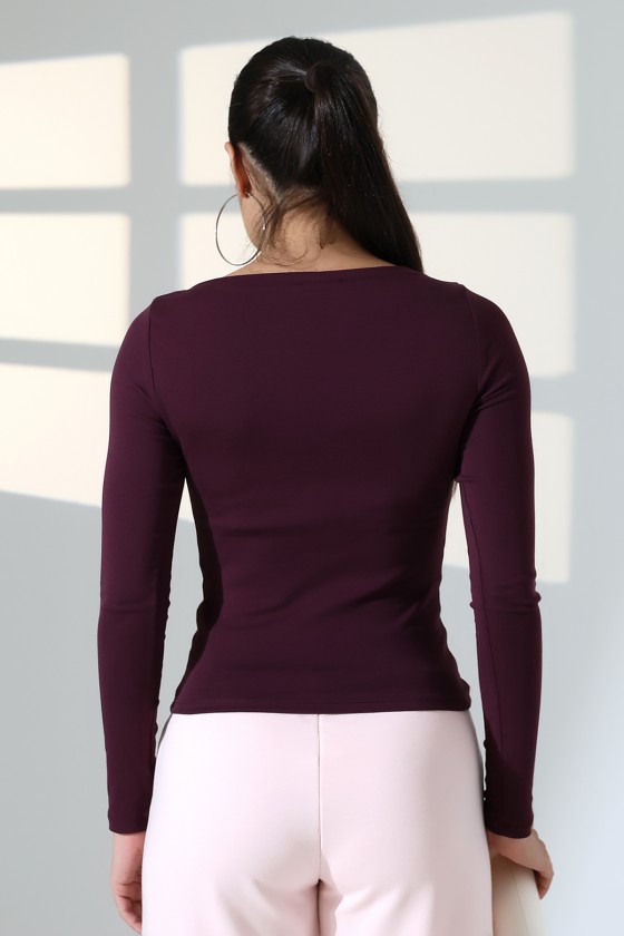 Uzun Kollu Kayık Yaka Vücudu Saran Basic Kadın Body T-Shirt 21897 MÜRDÜM