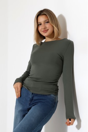 Uzun Kollu Kayık Yaka Yanları Büzgülü Vücuda Oturan Basic Kadın Body T-Shirt 21951 HAKİ