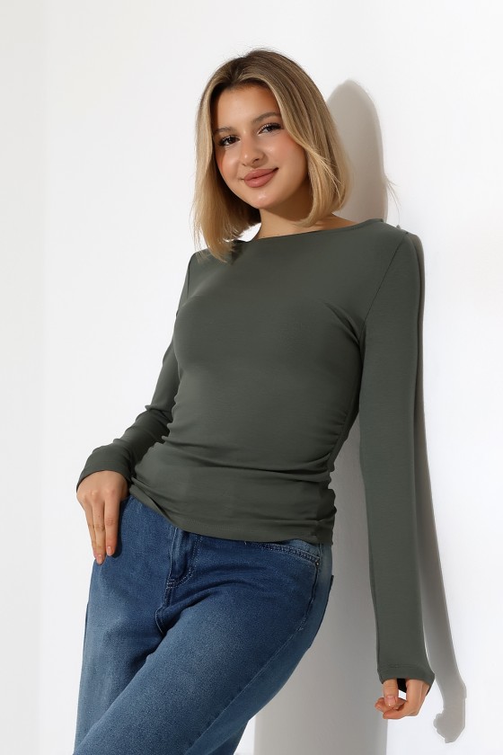 Uzun Kollu Kayık Yaka Yanları Büzgülü Vücuda Oturan Basic Kadın Body T-Shirt 21951 HAKİ