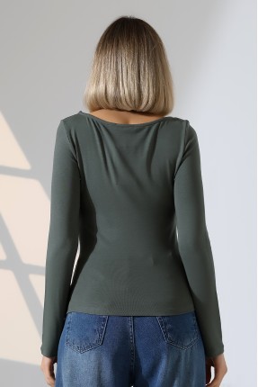 Uzun Kollu Kayık Yaka Yanları Büzgülü Vücuda Oturan Basic Kadın Body T-Shirt 21951 HAKİ