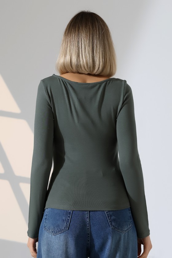 Uzun Kollu Kayık Yaka Yanları Büzgülü Vücuda Oturan Basic Kadın Body T-Shirt 21951 HAKİ