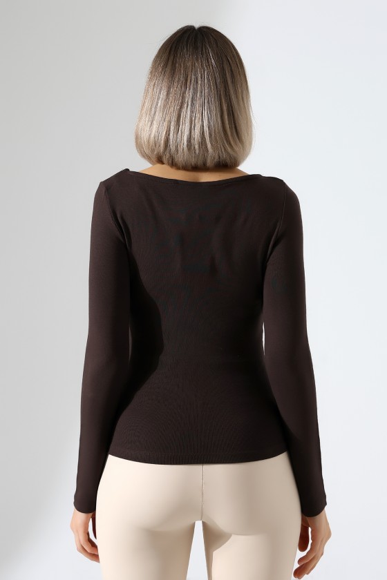 Uzun Kollu Kayık Yaka Yanları Büzgülü Vücuda Oturan Basic Kadın Body T-Shirt 21951 KAHVE