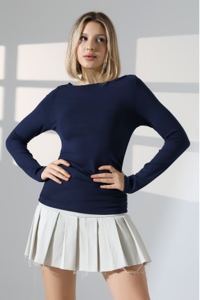 Uzun Kollu Kayık Yaka Yanları Büzgülü Vücuda Oturan Basic Kadın Body T-Shirt 21951 LACİVERT