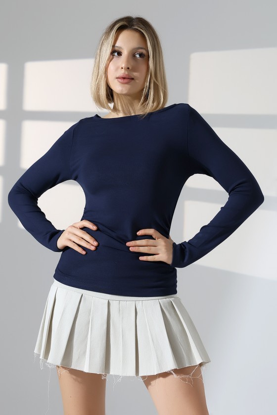 Uzun Kollu Kayık Yaka Yanları Büzgülü Vücuda Oturan Basic Kadın Body T-Shirt 21951 LACİVERT