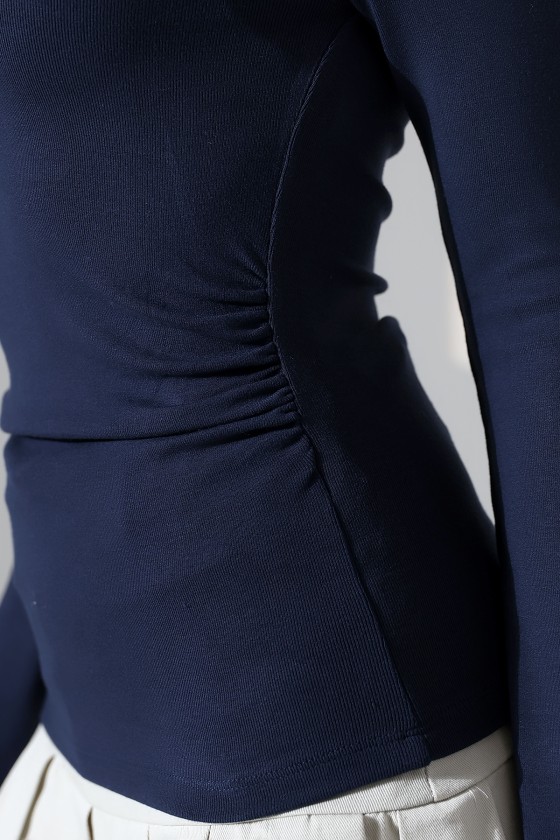 Uzun Kollu Kayık Yaka Yanları Büzgülü Vücuda Oturan Basic Kadın Body T-Shirt 21951 LACİVERT