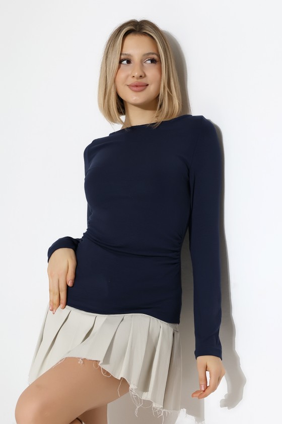 Uzun Kollu Kayık Yaka Yanları Büzgülü Vücuda Oturan Basic Kadın Body T-Shirt 21951 LACİVERT