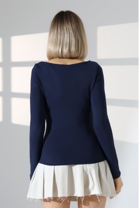 Uzun Kollu Kayık Yaka Yanları Büzgülü Vücuda Oturan Basic Kadın Body T-Shirt 21951 LACİVERT