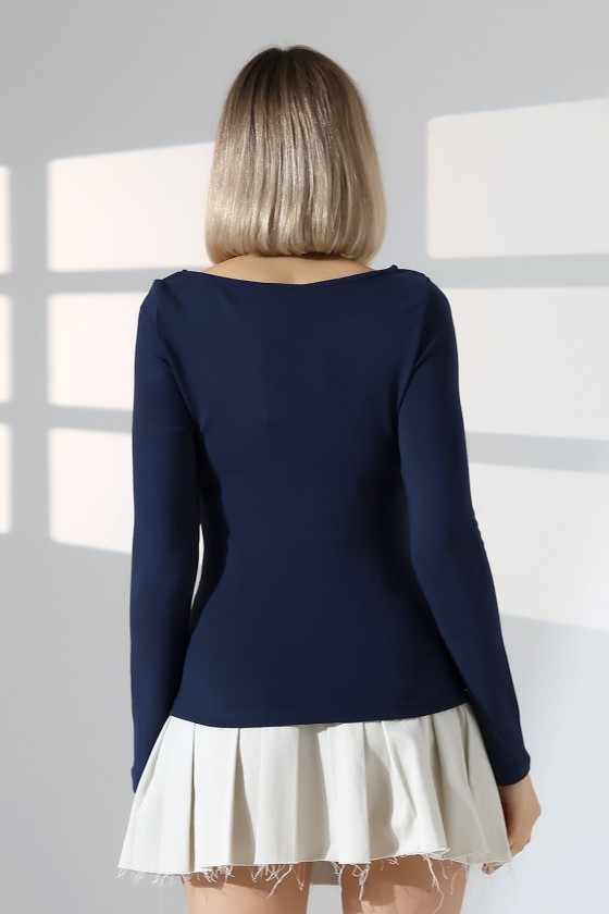 Uzun Kollu Kayık Yaka Yanları Büzgülü Vücuda Oturan Basic Kadın Body T-Shirt 21951 LACİVERT