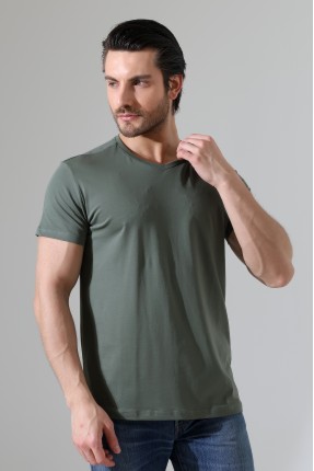 V Yaka Regular Fit Compact Pamuklu Esnek T-Shirt 19953 HAKİ