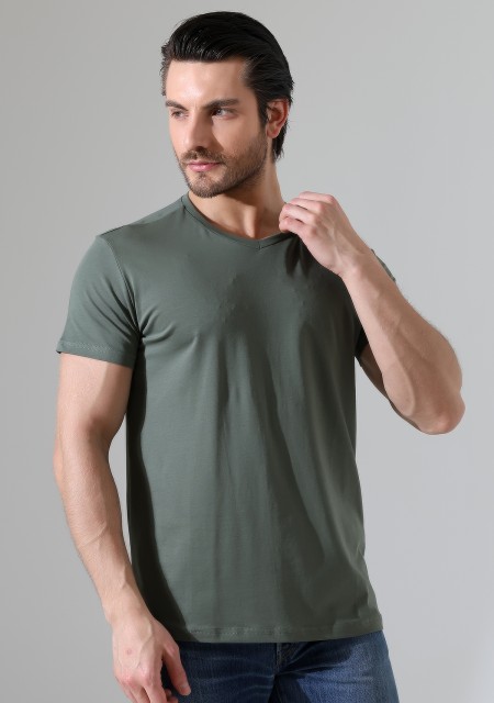 V Yaka Regular Fit Compact Pamuklu Esnek T-Shirt 19953 HAKİ