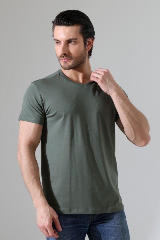 V Yaka Regular Fit Compact Pamuklu Esnek T-Shirt 19953 HAKİ
