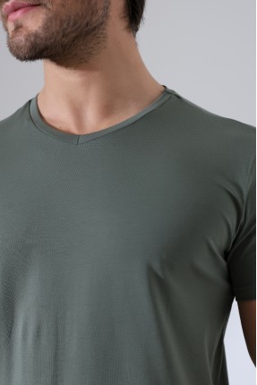 V Yaka Regular Fit Compact Pamuklu Esnek T-Shirt 19953 HAKİ