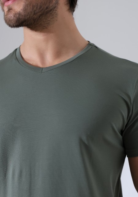 V Yaka Regular Fit Compact Pamuklu Esnek T-Shirt 19953 HAKİ