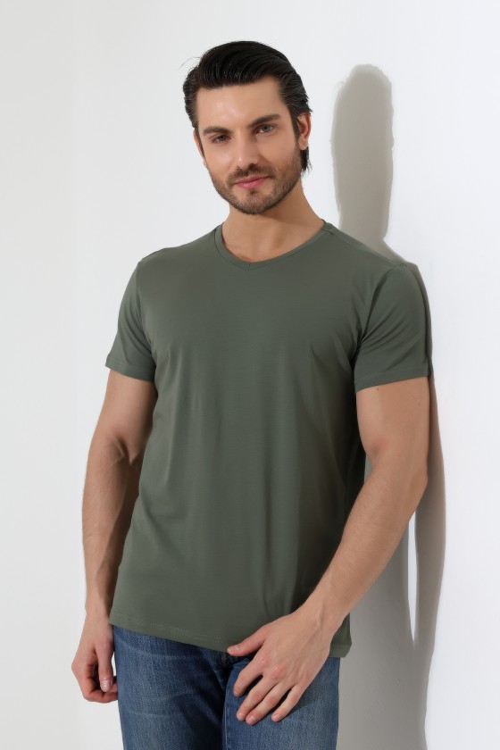 V Yaka Regular Fit Compact Pamuklu Esnek T-Shirt 19953 HAKİ